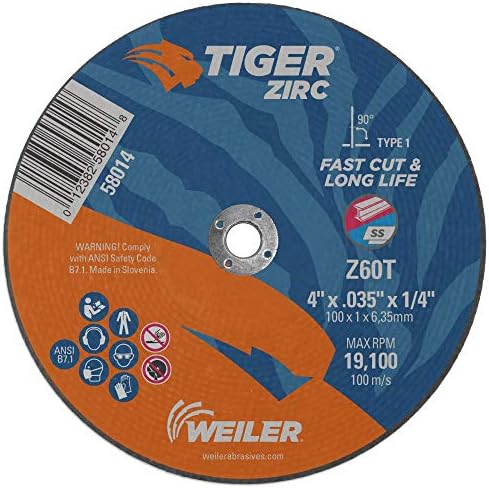 Weiler 58014 4-Inch Cutting Wheel, Tiger Zirc Metal Fast Cut & Long Life, High Performance Cutting, 0.035" Z60T Type 1 1/4" Arbor (Pack of 25)