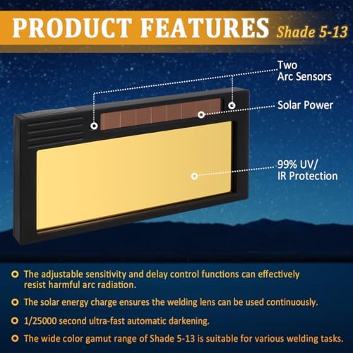 Auto Darkening Welding Lens Shade 5-13, 2" x 4-1/4" x 0.33", Gold