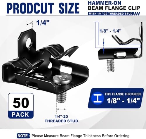 Hicarer 50 Pack Hammer-on Flange Clips with Threaded Stud for 1/8" to 1/4" Flange Beam Clamp with Hole Cable Clip Spring Steel Black E-coat Finish
