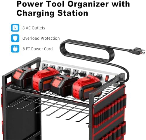 JUNNUJ Power Tool Organizer Cart with Charging Station, 6 FT Cord, Red