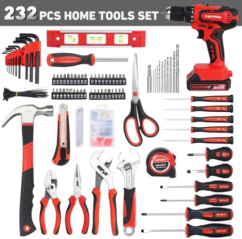 FASTPRO Home Tool Set with Drill, Household Repairing Tool Kit, Red