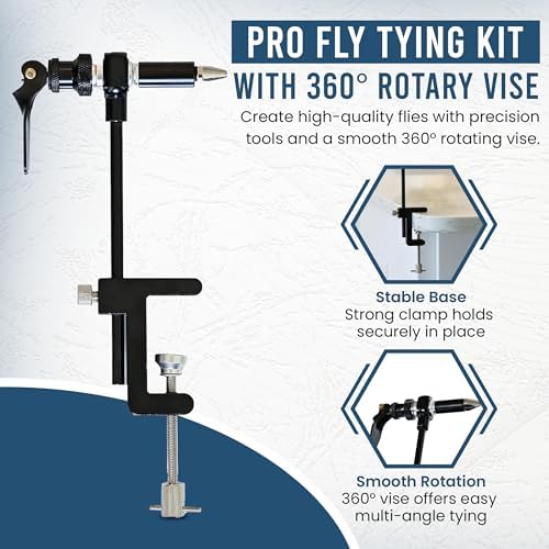 Rotary Fly Tying Vise for Beginners – 360° Sturdy Clamp Base Black Fly Vise/Complete Fly Fishing Tools Kit | Fly Tying Materials Kit | Fly Tying Kit Accessories for Fishing Enthusiasts