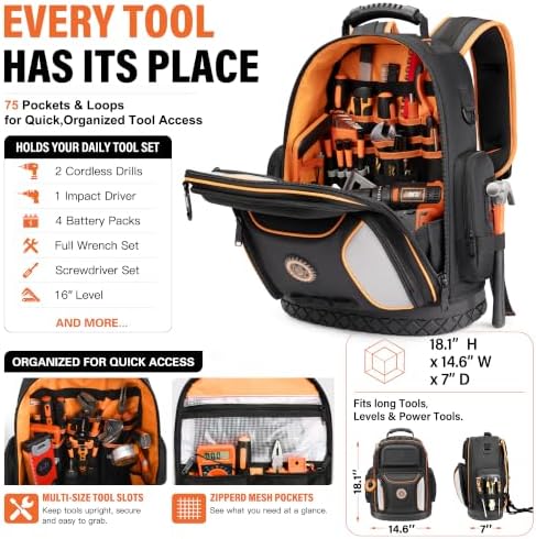 LOKASS 18.1-inch Heavy-Duty Tool Backpack, 75 Pockets, Black