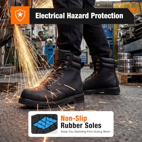 NINGO Steel Toe Work Boots for Men, Water Resistant Crazy Horse Leather