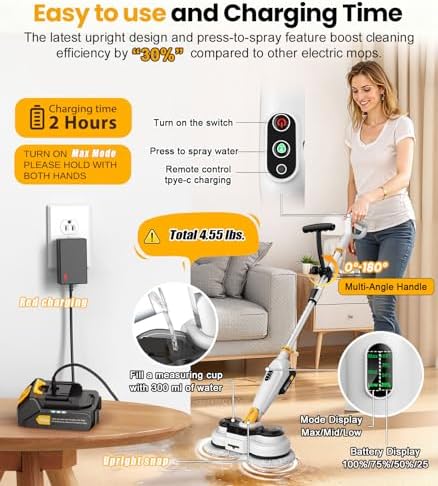 Qimedo Battery Electric Mop, Cordless Electric Scrubber & Flat Mop for Floor Cleaning, Best Automatic Spin Mops with Smart Display,Rotating Mops with LED Light & Water Spray
