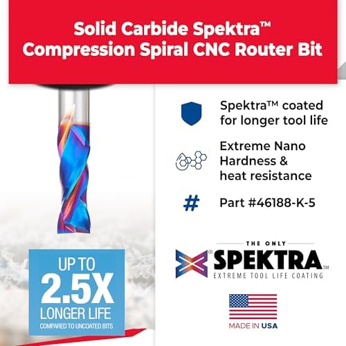 Amana Tool Spektra Extreme Tool Life Solid Carbide CNC Compression Spiral Router Bit, 46188-K-5 5-Pack, 1/2 D x 1-1/4 CH x 1/2 Shk x 3 Inch L 2 Flute
