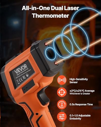 VEVOR Infrared Thermometer, -22℉ to 2912℉ Dual-Mode IR Thermometer Gun with K-Type Thermocouple, Dual Laser Heat Temperature Gun Non-Contact for Metal Smelting/Engine/Industry/Cooking (Not for Human)