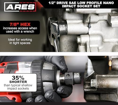 ARES 29021 11-Pc 1/2in SAE Nano Sockets, Low Profile, w/Rail | Impact grade sockets offer greater clearance than typical shallow sockets
