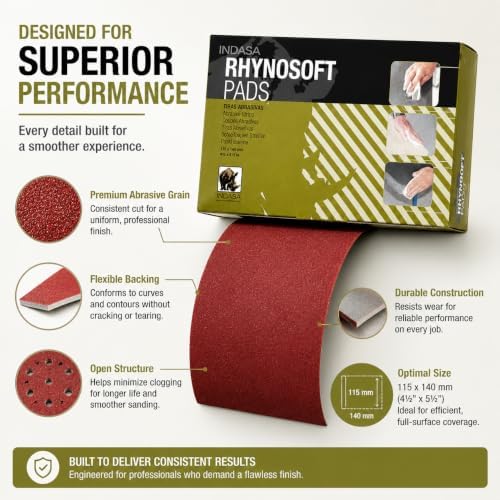 Indasa Rhynosoft Foam Sanding Pads - 4.5" x 5.5", Hook and Loop, 1200 Grit, Redline, Flexible, Tear-Resistant, Ideal for Automotive, Wood, & Finishing (Pack of 20 Pads)