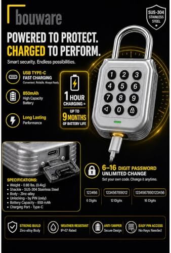 Smart Padlock Alpha1 Heavy-Duty Electronic Padlock Combination Weatherproof Digital Keypad Number Button Locks with Code, Outdoor/Indoor Use with Upgraded Security Features (Silver)