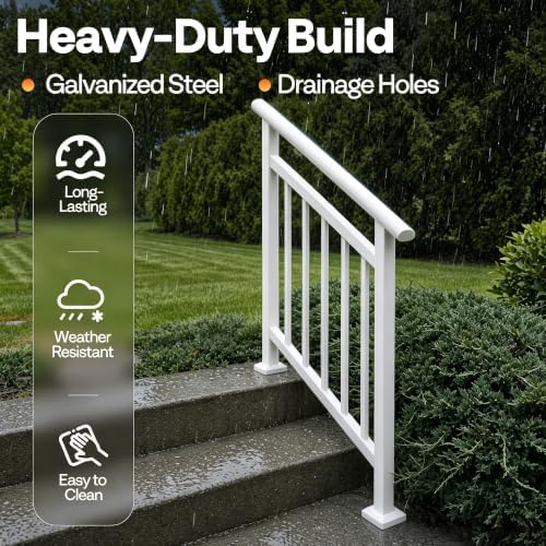 Hand Rails for Outdoor Steps，Stair Handrail & Indoor Stair Railing Kit，Railings for Outdoor Steps for Fence & Outdoor Steps (2, White-with Balusters, 3 Step)