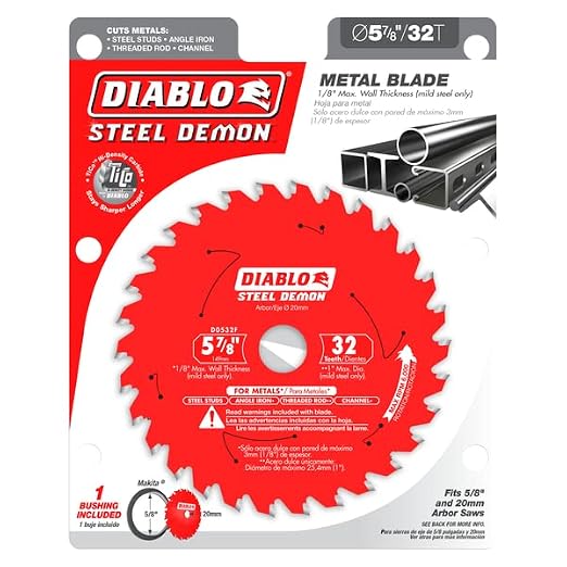 Diablo Steel Demon Saw Blade for Medium Metal - 5-7/8" Diameter, 32 TCG Teeth, 5/8" Arbor, .059" Kerf, 0° Hook Angle, .039" Plate, 5000 Max RPM - D0532F