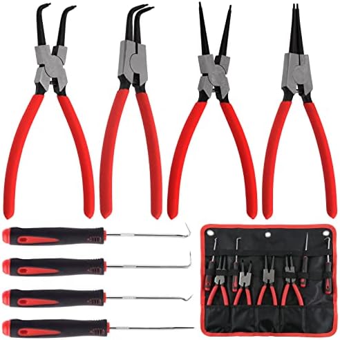 Keadic 8 Pcs 9" Heavy Duty External Snap Ring Pliers and Precision Hooks Set with Storage Bag, Circlip Pliers Set with Straight/Bent Jaw for Car Ring Hose Remover