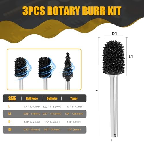 CAELUM Carbide Rotary Burr Set 3 Pcs, 1/8" Coarse, for Dremel Rotary Tools