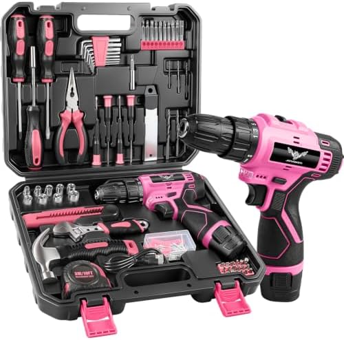 JENABOM Drill Set, 151-Piece Home Tool Set with 12V Pink Cordless Drill