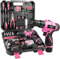 JENABOM Drill Set, 151-Piece Home Tool Set with 12V Pink Cordless Drill