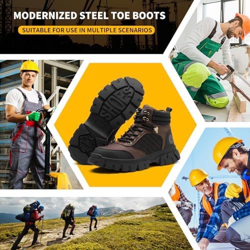 KELODON Waterproof Steel Toe Boots For Men-6 Inch Comfortable Mens Safety Work Boots Indestructible Steel Toe Shoes Lightweight Non Slip Puncture Resistant Industrial Construction Boot