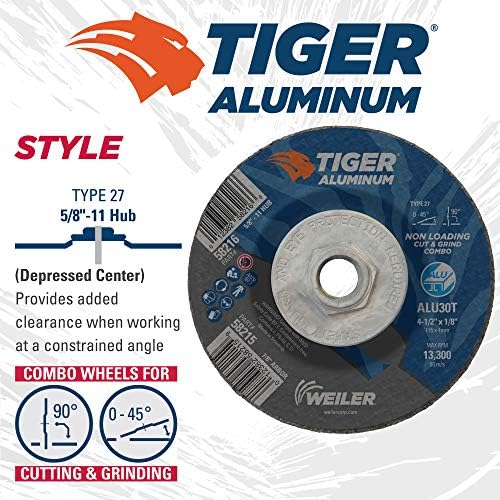 Weiler 58216 4-1/2 x 1/8 Tiger Aluminum Type 27 Cut Off/Grind Combo Wheel ALU30T 5/8-11 Nut (Pack of 10)