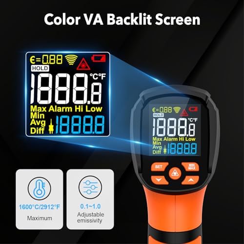 Infrared Thermometer Temperature Gun,-40℉~2912℉ Pyrometer, 50:1 High Temp Thermometer with Thermocouple Probe, Non-Contact Digital IR Laser Thermometer for Industrial HVAC Forge Metal