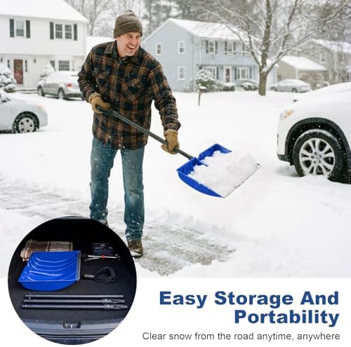 Therwen 52 to 66 Inch Snow Shovel for Driveway with Aluminum Strip Adjustable Length Detachable Large Snow Shovel with D-Grip Handle, Portable Shoveling Tool for Home Garage Garden Camping Outdoor