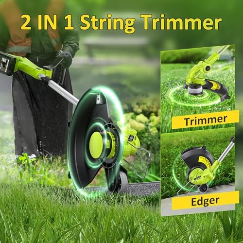 Electric String Trimmer Cordless with 2x2.0Ah Battery, 20V Weed Wacker Weed Eater with Charger, 12-inch Lawn Mover & Edger Lawn Tool, Powered Grass Trimmer Spool Line for Yard, Garden, Foldable Shaft