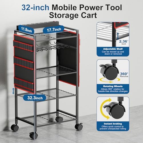 Power Tool Organizer Cart, Rolling Tool Storage Cart, Gift for Man, Red