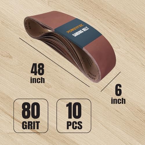 POWERTEC 6 x 48 Inch Sanding Belts, 10PK, 80 Grit Aluminum Oxide Belt Sander Sanding Belt for Bench Belt Sander, Wood & Paint Sanding, Metal Polishing (110530V)