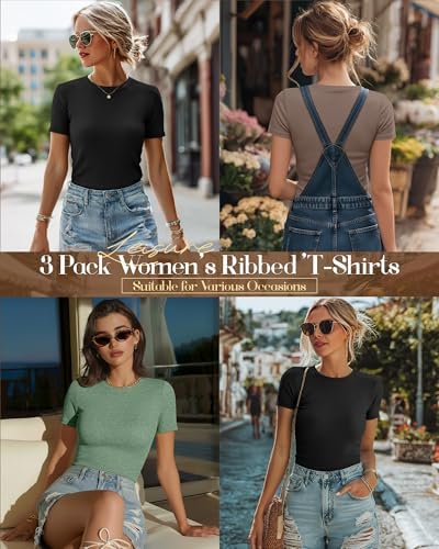 Ficerd 3 Pack Women's Ribbed Short Sleeve T-Shirts