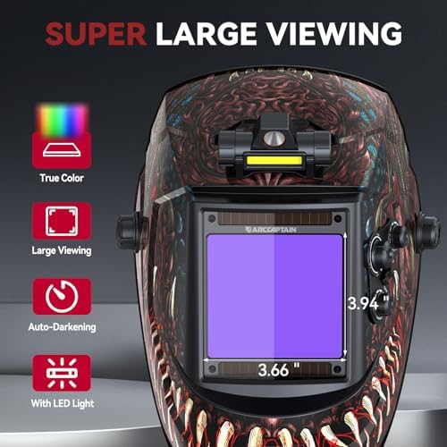 ARCCAPTAIN Auto Darkening Welding Helmet with Light, 3.94"X3.66" Large View