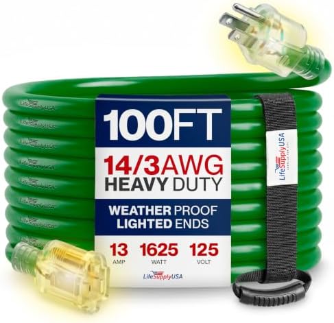 100ft Outdoor/Indoor Extension Cord 14/3 Gauge Heavy Duty 3 Prong SJTW, Waterproof, Flexible Cold-Resistant Long Power Cord,13A 125V 1625W, Green by LifeSupplyUSA