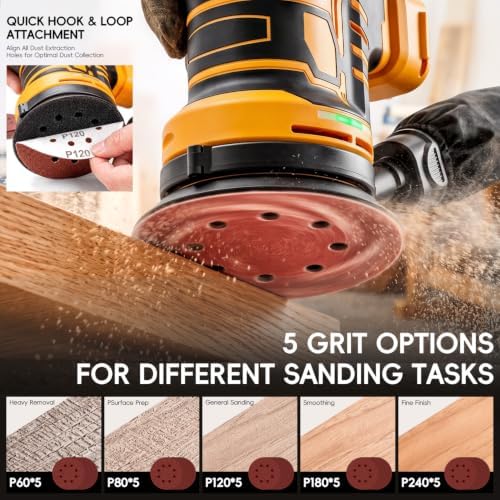 Cordless 5-Inch Random Orbital Sander Compatible with DeWalt 20V Battery