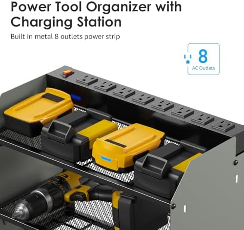 CCCEI Modular Power Tool Organizer Wall Mount Charging Station, Grey 6 Drills Holder with 8 Plug Power Strip 10FT, Garage Drill Battery Heavy Duty Metal Shelf, Utility Rack with Hooks, Side Storage.