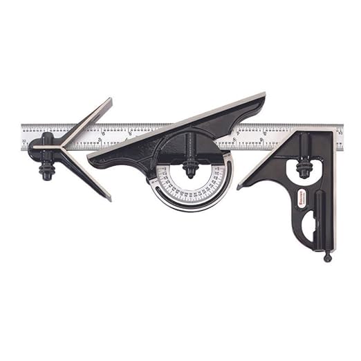 Starrett Combination Set with SLC, Square, Center and Reversible Protractor Head - 12" Blade Length, Forged and Hardened Steel Heads, 4R Graduation Type - C434-12-4RW/SLC
