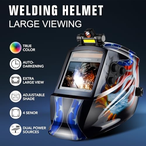 TRQWH Welding Helmet Auto Darkening Large Viewing True Color Solar Powered Welding Mask with 4 Arc Sensor Adjustable Wide Shade Range 4~5-8/9-13 Welder Mask with Grinding