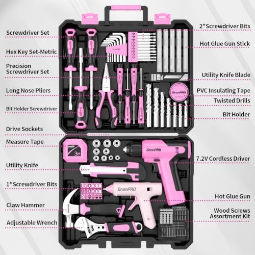 GRENPRO 188PCS Pink Cordless Drill Tool Set For Women Tool Kit For Home Box