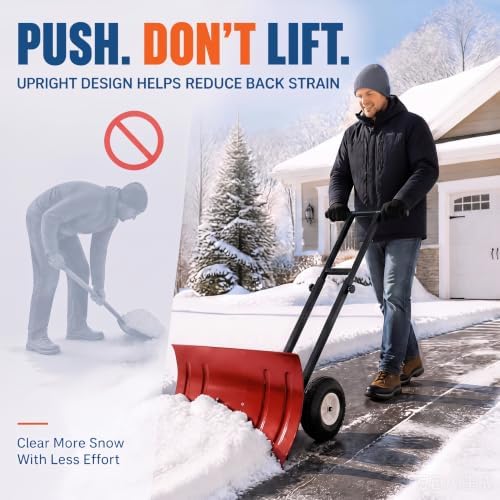 GarveeLife Wheeled Snow Shovel - 29in Steel Blade, 10in Wheels Red/Black