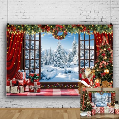 12x8ft Christmas Window Backdrop for Photography Winter Wonderland Snow Mountain Christmas Tree Photo Background Xmas Theme Holiday Party Decorations Banner Family Photo Shoot Background