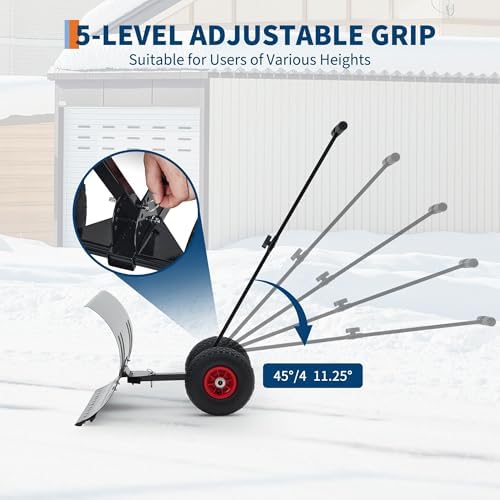 GarveeHome Snow Shovel with Wheels for Driveway, Heavy Duty Push Snow Plow Shovel with Large 29 in x 16.5 in Adjustable Handle, Angled Blade, Efficient Snow Removal for Pavement