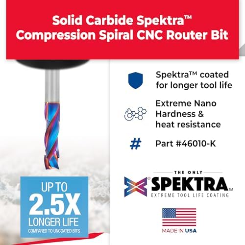 Amana Tool Spektra Extreme Tool Life Solid Carbide CNC Compression Spiral Router Bit, 46010-K, 3/8 D x 1-1/8 CH x 3/8 Shank x 3 Inch Long 3 Flute