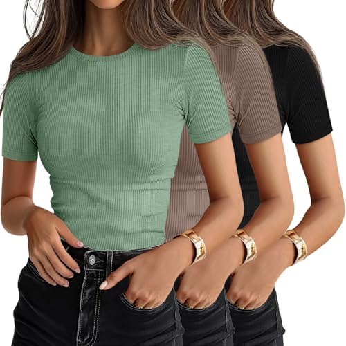 Ficerd 3 Pack Women's Ribbed Short Sleeve T-Shirts