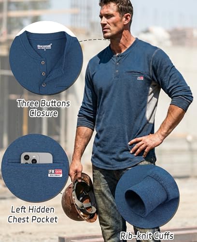BOCOMAL FR Shirts for Summer Breathable Vented Mesh Flame Resistant Henley