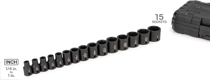 TEKTON 3/8 Inch Drive 6-Point Impact Socket Set, 15-Piece (1/4-1 in.) - Case | SID91300 | (1/4 - 1 in.), Shallow, 6-Point, Case