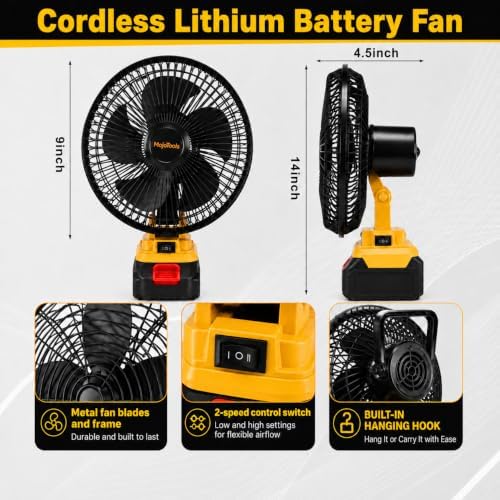 21V Cordless Camping Fan & LED Work Light Combo Kit — 9-Inch Portable Job Site Fan with Stepless Speed, 4.0Ah Battery & Charger Included, for Camping, Outdoor (Yellow Black Fan Light Set)