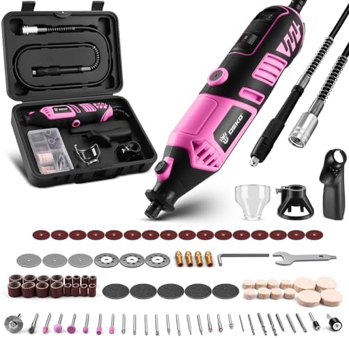 DEKOPRO Rotary Tool Kit, 1.5-Amp Corded Power Rotary Tools with 42" Flex Shaft, 6 Variable Speed, 8,000-35,000 RPM, 129 Pcs Accessories Kit for Cutting, Sanding, Grinding, Carving & DIY Projects Pink