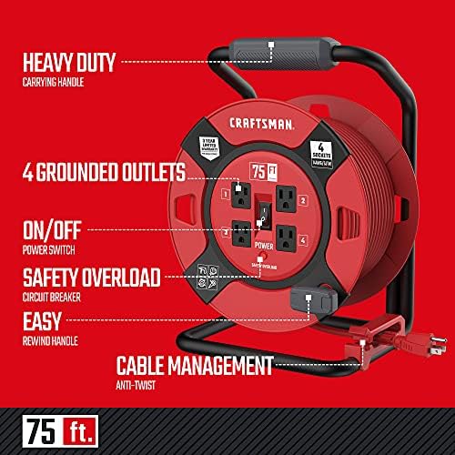 CRAFTSMAN Heavy Duty Retractable Extension Cord, 75 feet with 4 Outlets - 14AWG SJTW Cable - Outdoor Power Cord Reel