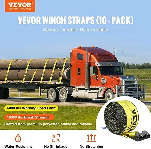 VEVOR Truck Straps, 4" x 30' Tie Down w/Flat Hooks 18,000lbs Break Strength