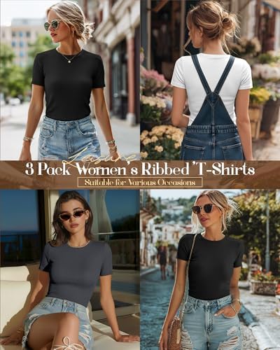 Ficerd 3 Pack Women's Ribbed Short Sleeve T-Shirts