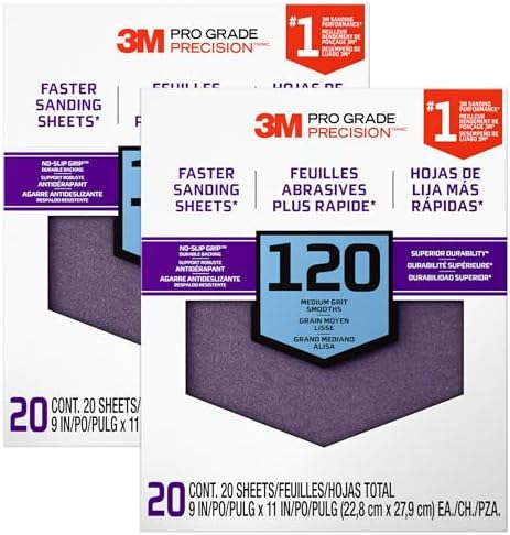 3M Pro Grade No-Slip Grip Advanced Sandpaper, 120 Grit, 9" x 11" Sheets - 20-Pack for Wood, Metal, and Paint Surfaces, 2-Pack