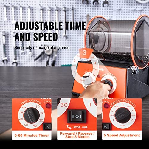 VEVOR 11lbs/5kg Capacity Mini Tumbler Machine with 0-60 Minutes Timer, 5 Speeds Jewelry Rotary Finisher for Surface Polishing Grinding Buffing Gemstones Jewels Coins, Orange+Black, KD-20001