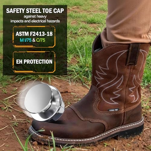 Showave Steel Toe Cowboy Boots for Men Western Square Toe Work Boot Full-grain Leather Safety Boots with Hazard Protection for Construction Manufacture Farming